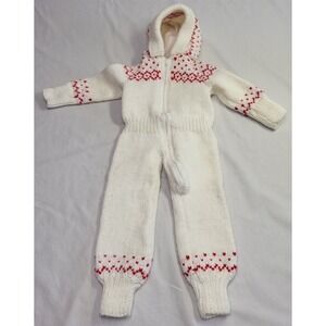 Vintage Knit Hooded Pram One Piece Suit Baby White Red Fair Isle Hearts